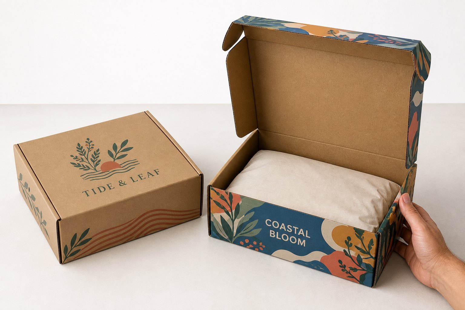 Two medium kraft mailer boxes side by side: left with simple two-colour botanical print, right with full-colour vivid CMYK artwork in blue, orange and green.