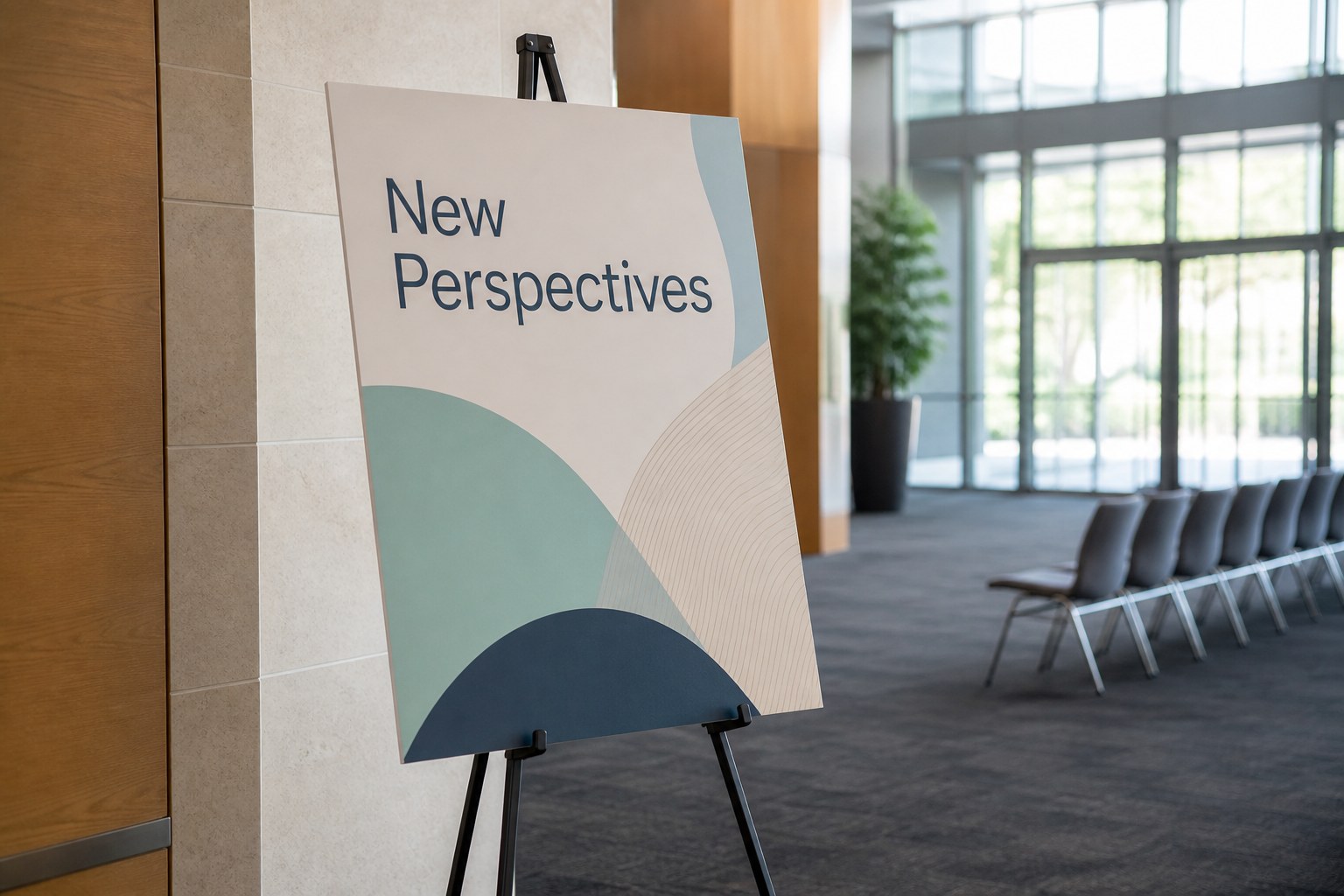 A large printed foam board panel stands on a slim black floor easel in a bright conference centre foyer, its pale edge visible in soft daylight