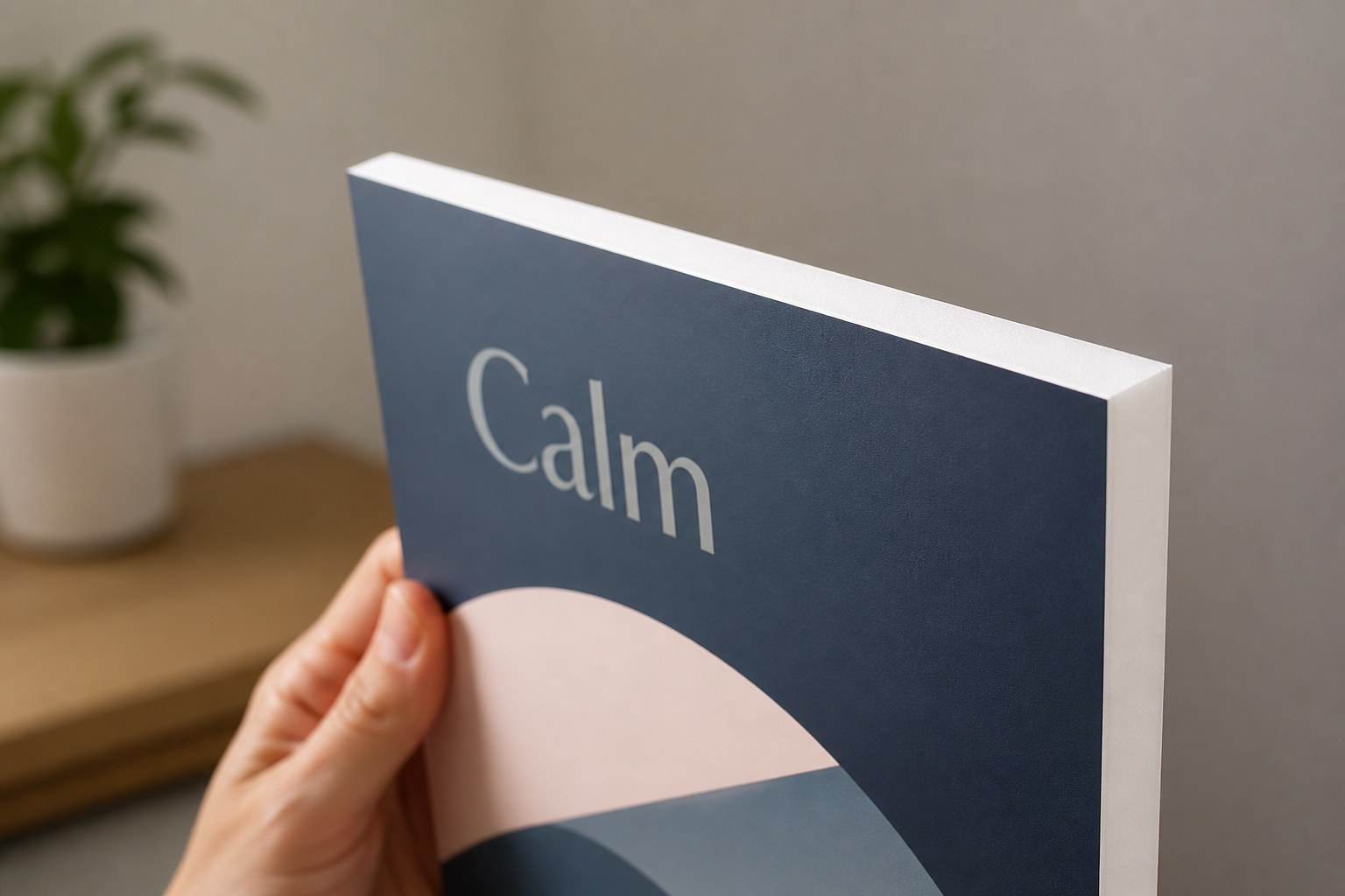 Close view of a foam board top corner, deep navy with a pale title and pink curve, showing a solid white core along the turned square edge