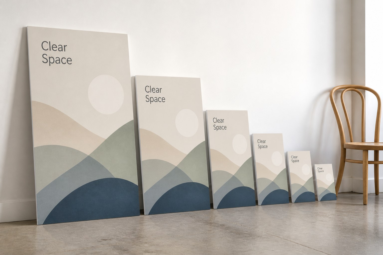 Six printed foam board panels lean against a white studio wall in a size row from largest to smallest, with a plain bentwood chair beside the smallest