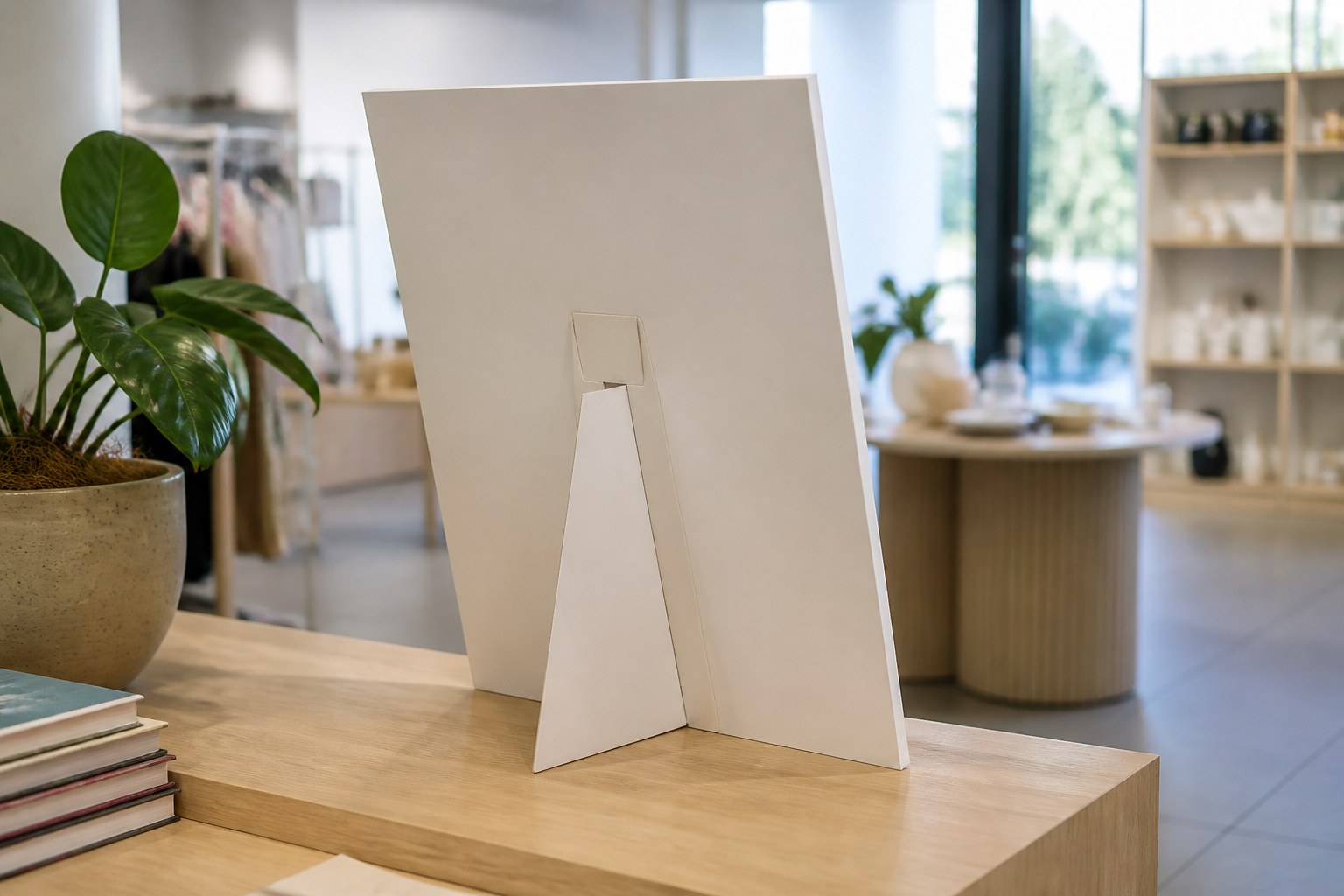 A foam board panel stands on a pale timber counter, its plain white reverse facing the camera while a cardboard strut opens behind it