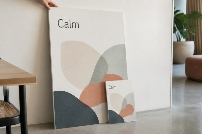 Large and small printed foam boards lean against a pale wall showing sand, terracotta, sage and deep blue layered curves, hand on the larger board.
