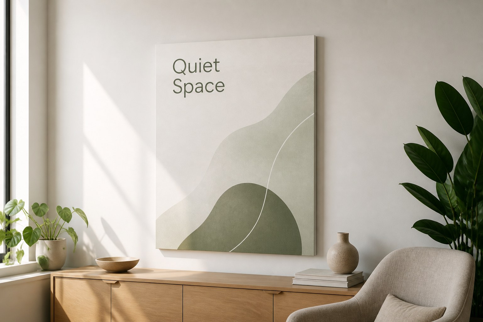 Printed foam board mounted flat on a clean office wall above a pale timber credenza, short title over soft sage curves, with a leafy plant at one side