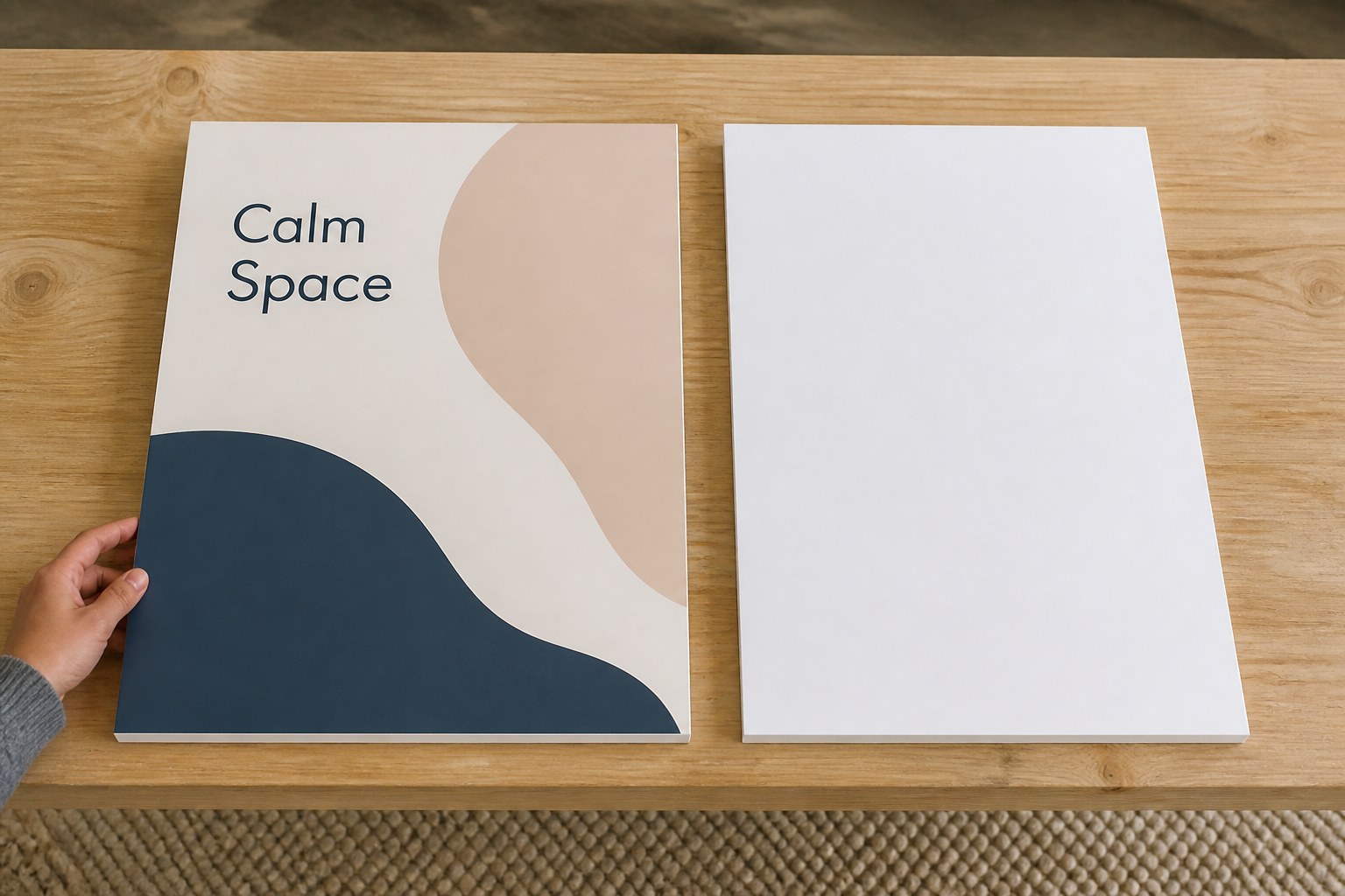One printed foam board face up and one plain white board lie side by side on a pale bench, a hand resting on the printed corner.