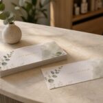 Stack of identical DL gift vouchers on pale marble counter, one face up, botanical design with gold foil title, eucalyptus sprig behind.