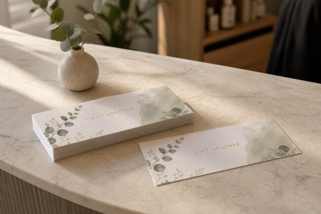 Stack of identical DL gift vouchers on pale marble counter, one face up, botanical design with gold foil title, eucalyptus sprig behind.