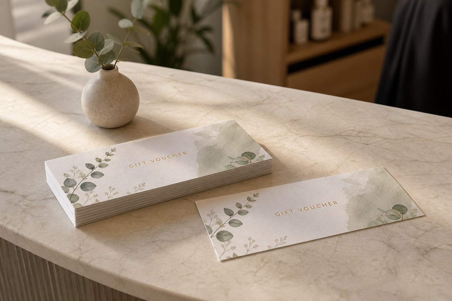 Stack of identical DL gift vouchers on pale marble counter, one face up, botanical design with gold foil title, eucalyptus sprig behind.
