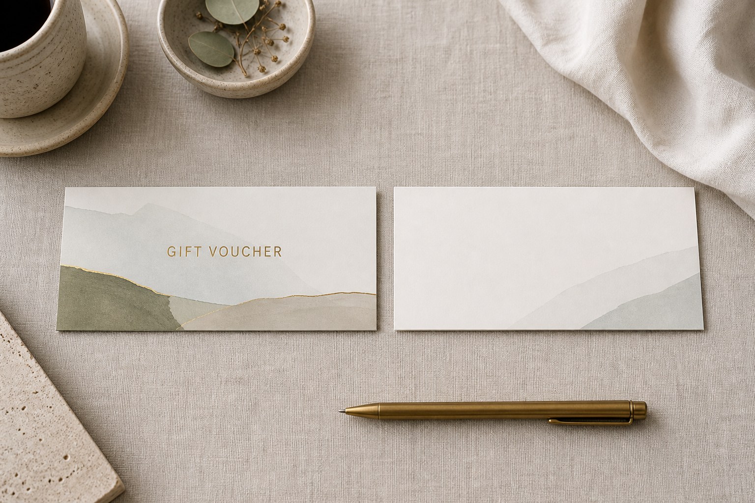 Two DL gift vouchers side by side on oatmeal linen, one face up showing the printed front, one turned over showing the blank back, with a brass pen.