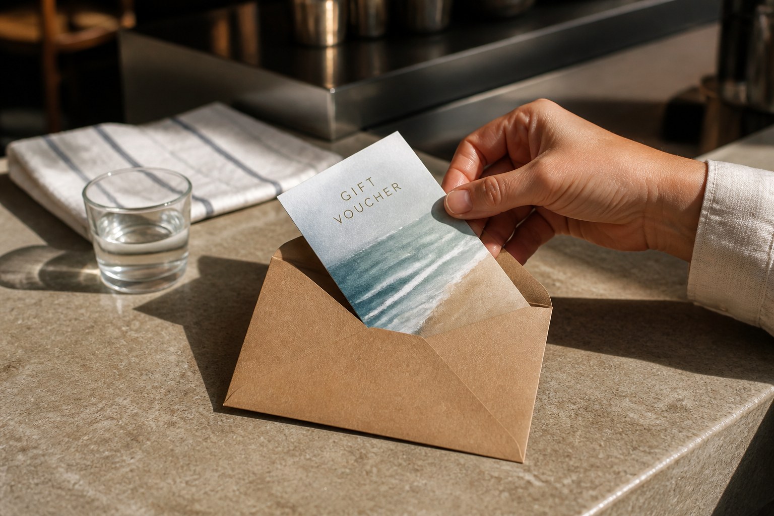 A hand sliding a single A6 gift voucher into a plain kraft envelope on a cafe counter, with warm afternoon light and soft background.