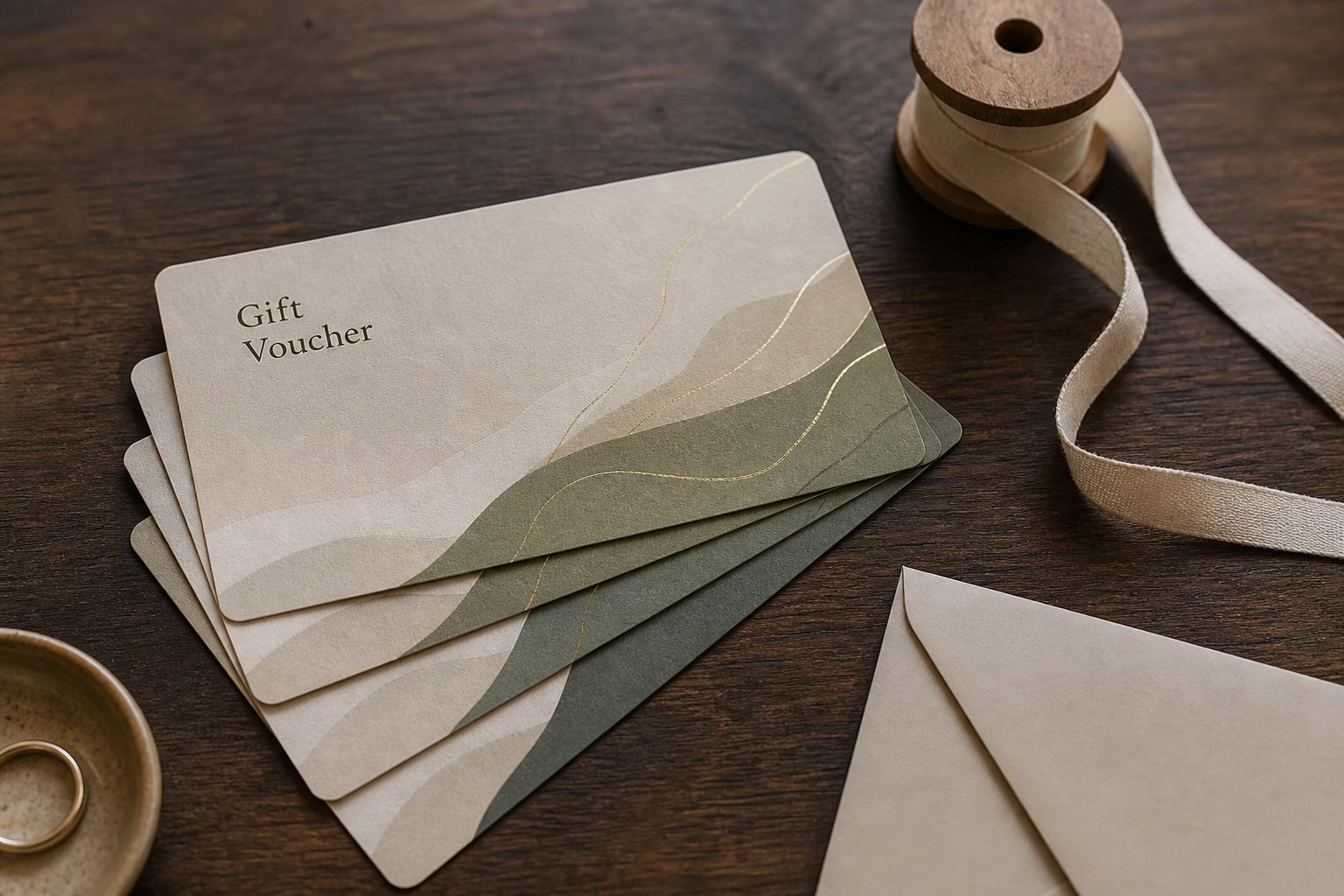 Five identical A6 gift vouchers with softly rounded corners fanned on a dark walnut surface, with a spool of narrow cotton ribbon at the edge.