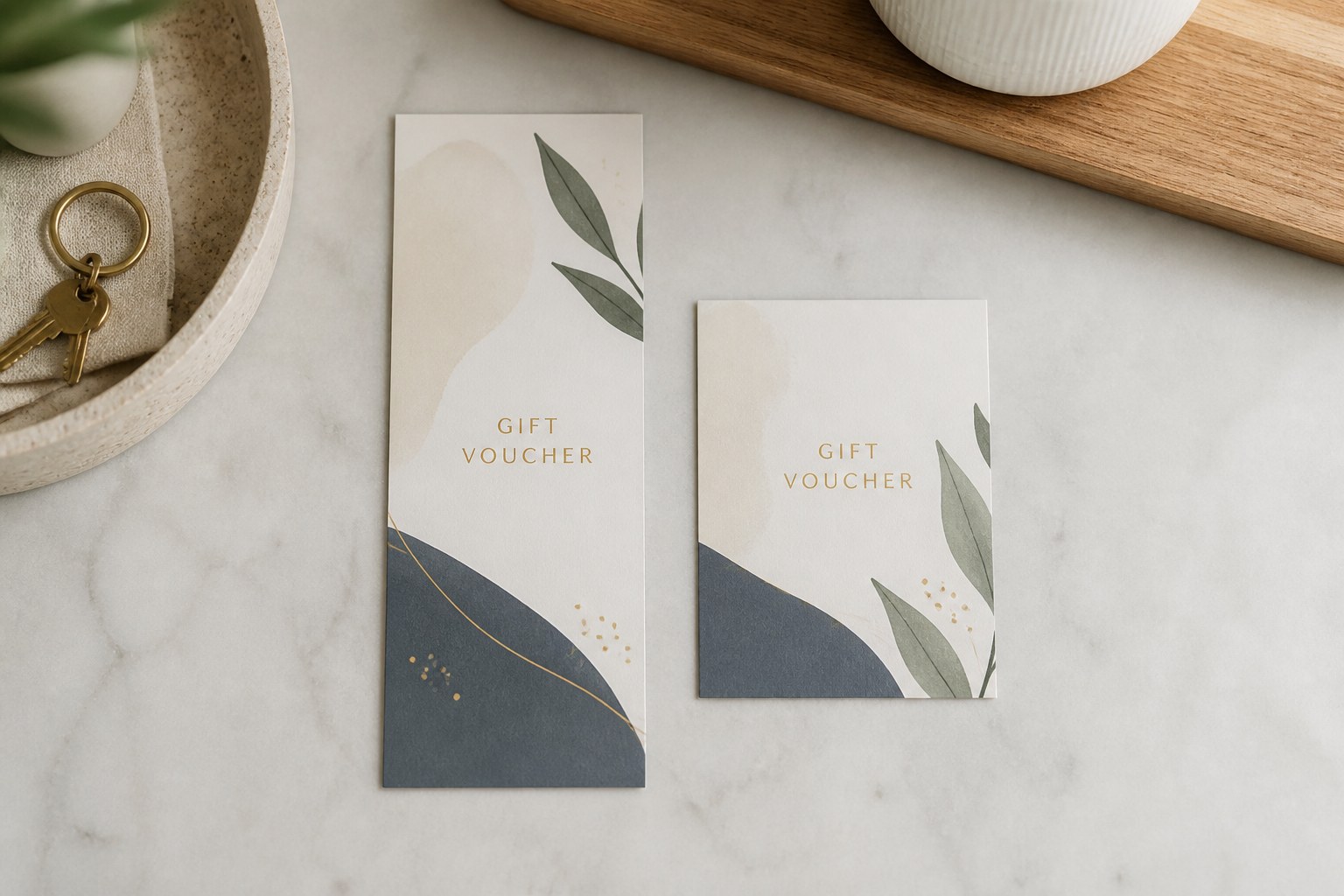 DL and A6 gift vouchers side by side on a white studio surface, one longer and narrower, both with the same calm design in shadowless light.