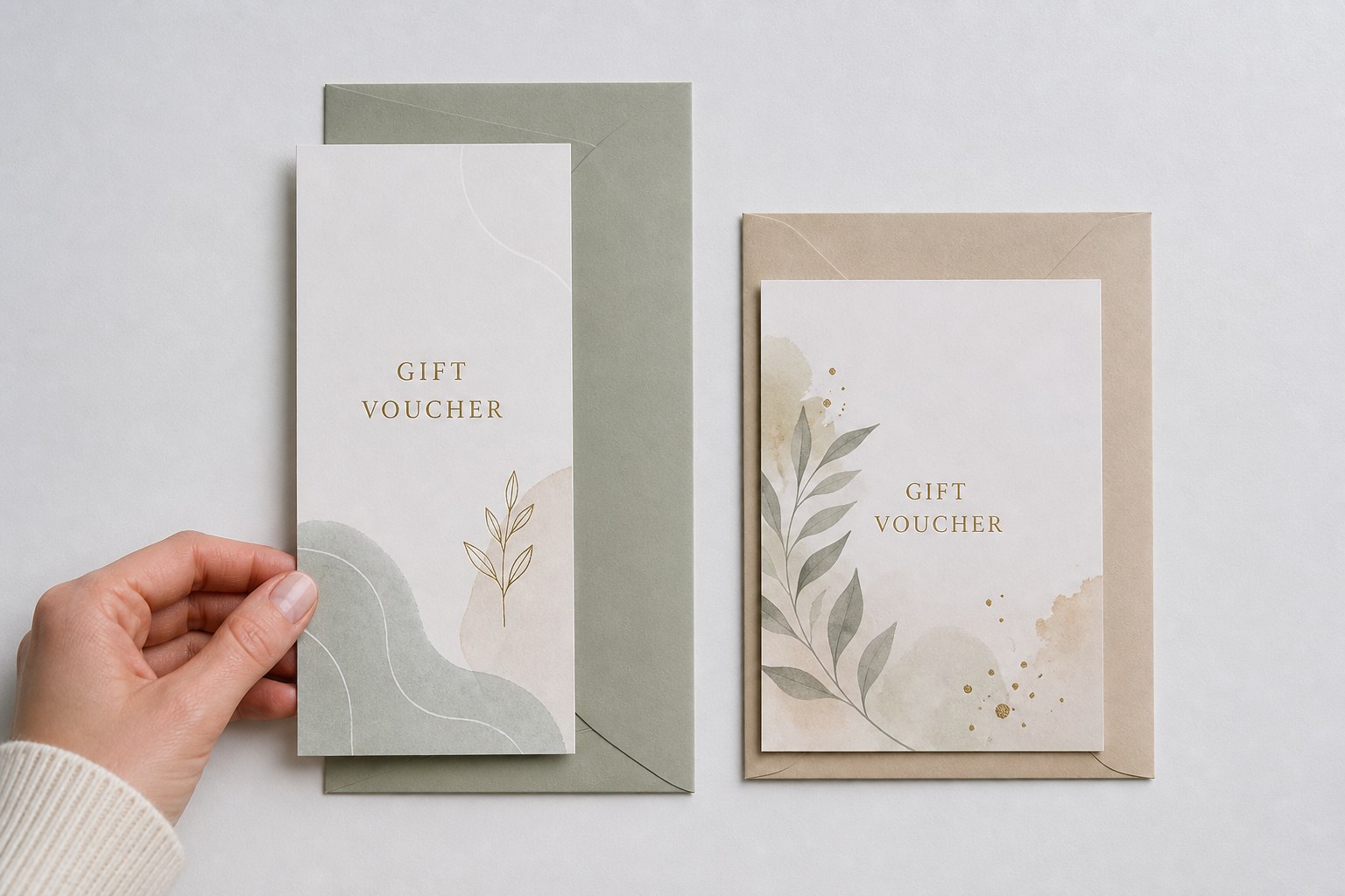 DL voucher on a slim envelope beside an A6 voucher on a C6 envelope, both pairs on a pale grey surface in soft daylight.