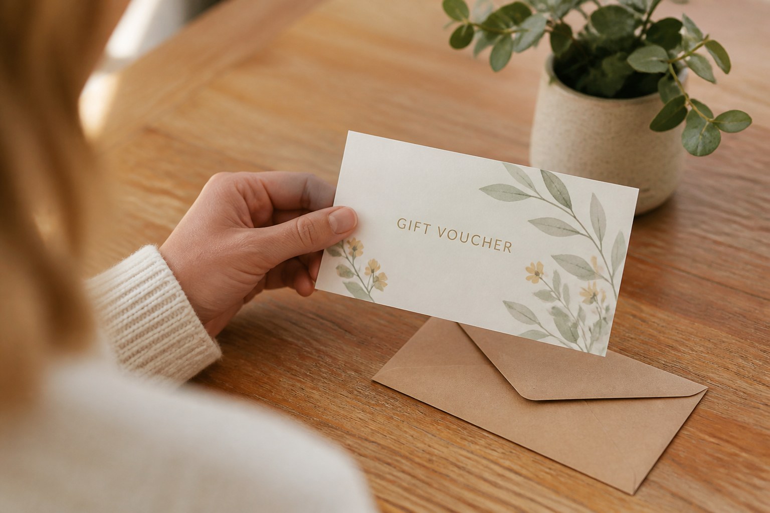 Hand holding a single A6 gift voucher flat over a warm timber table, muted botanical design on the front and a small potted plant soft behind.