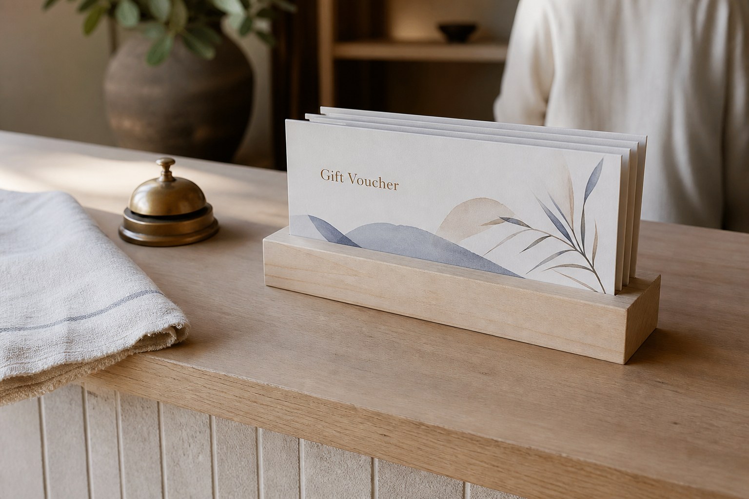 Identical DL gift vouchers standing in a wooden card holder on a boutique counter, only the top third visible, linen runner and brass bell beside it.