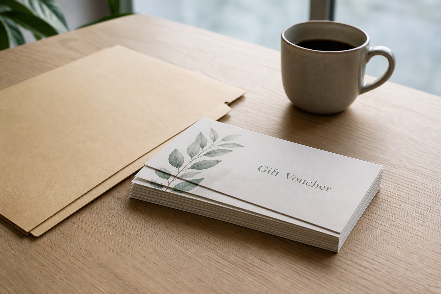 Two DL gift vouchers on pale polished concrete, one face up with a printed front design, one face down showing an empty back panel ready for terms.
