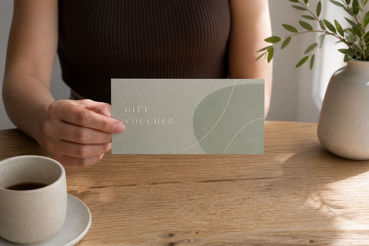 One hand holding a single A6 gift voucher flat over a plain timber desk with a restrained geometric front design and short silver foil title.