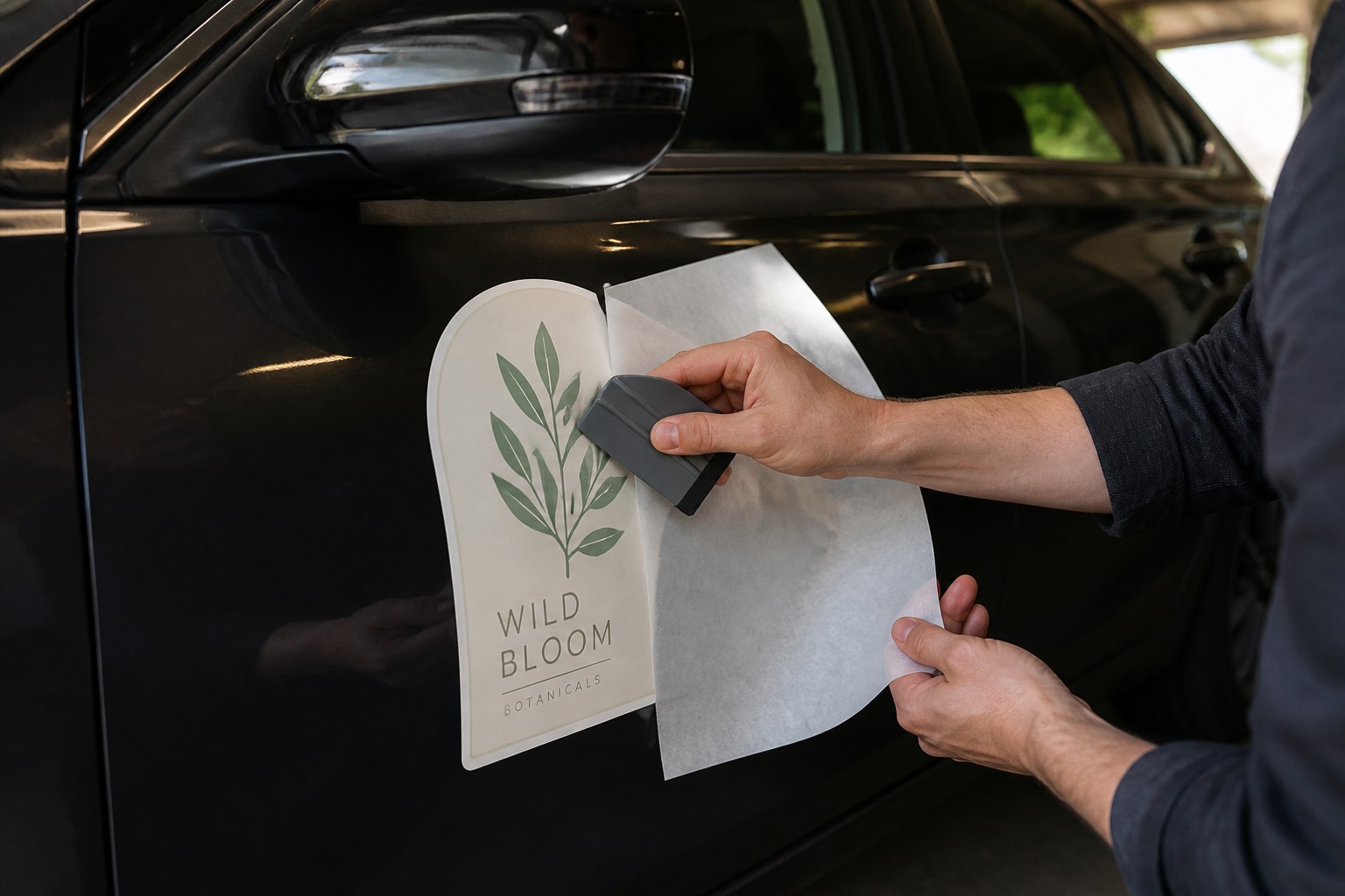 A squeegee smooths a leafy decal onto a dark car door as the backing paper peels away in a shaded garage.