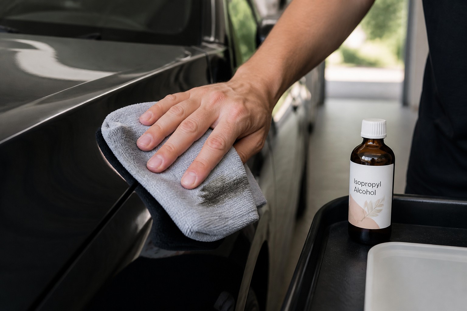 A hand wipes a microfibre cloth across a black car panel beside a bottle of isopropyl alcohol, leaving a streak of residue.