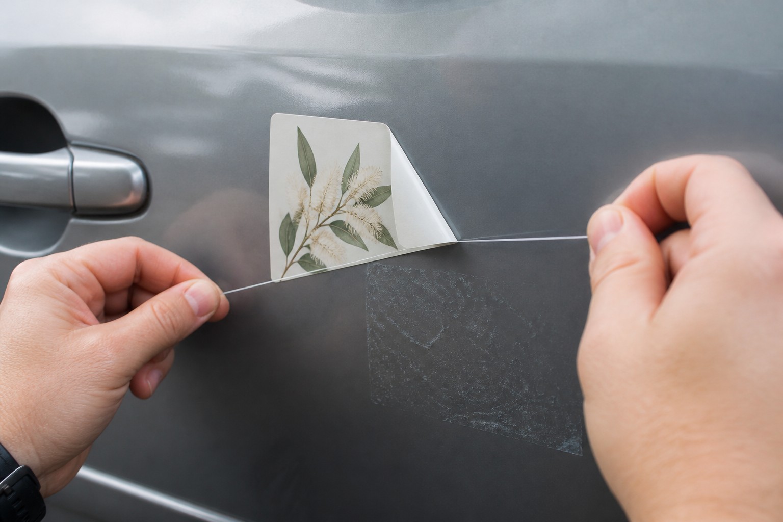 Fishing line pulled taut peels a botanical decal from the car door, adhesive residue left on the panel.