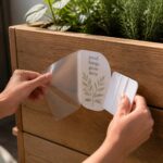 Hands press a botanical decal onto a timber planter box, easing back the clear transfer tape with a squeegee.