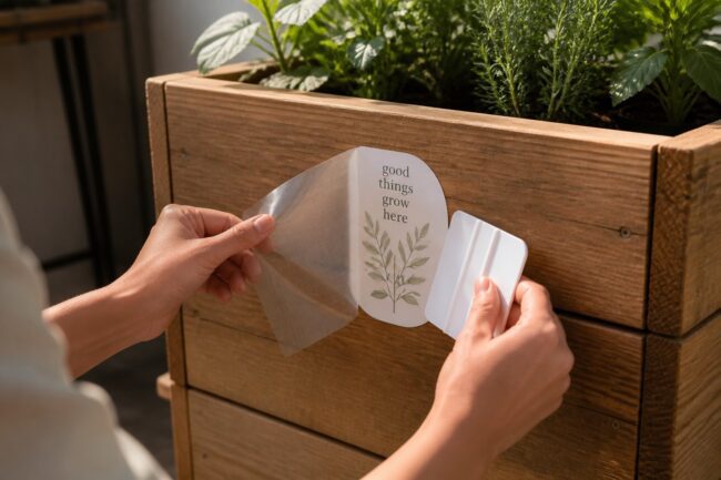 Hands press a botanical decal onto a timber planter box, easing back the clear transfer tape with a squeegee.