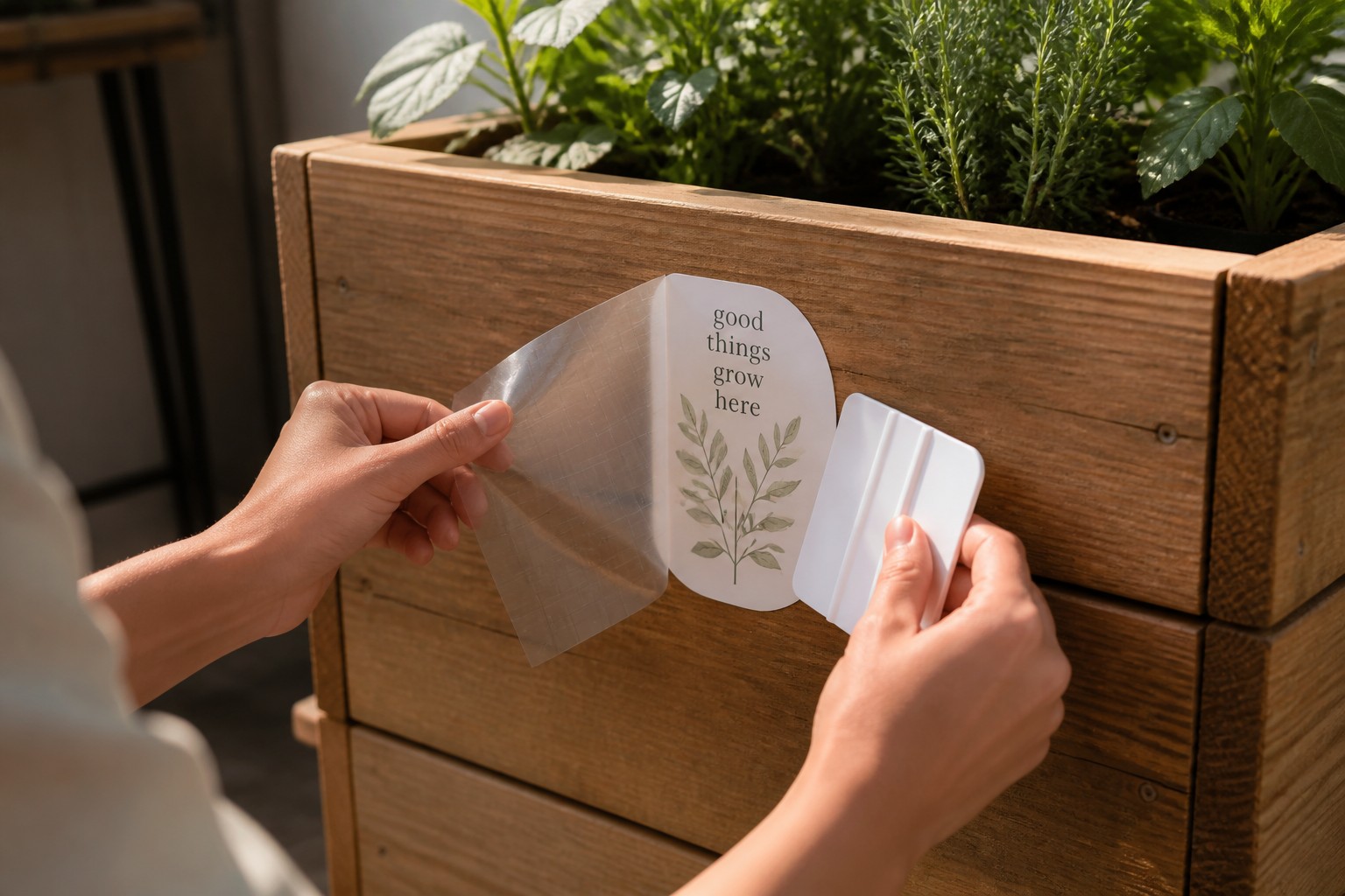 Hands press a botanical decal onto a timber planter box, easing back the clear transfer tape with a squeegee.