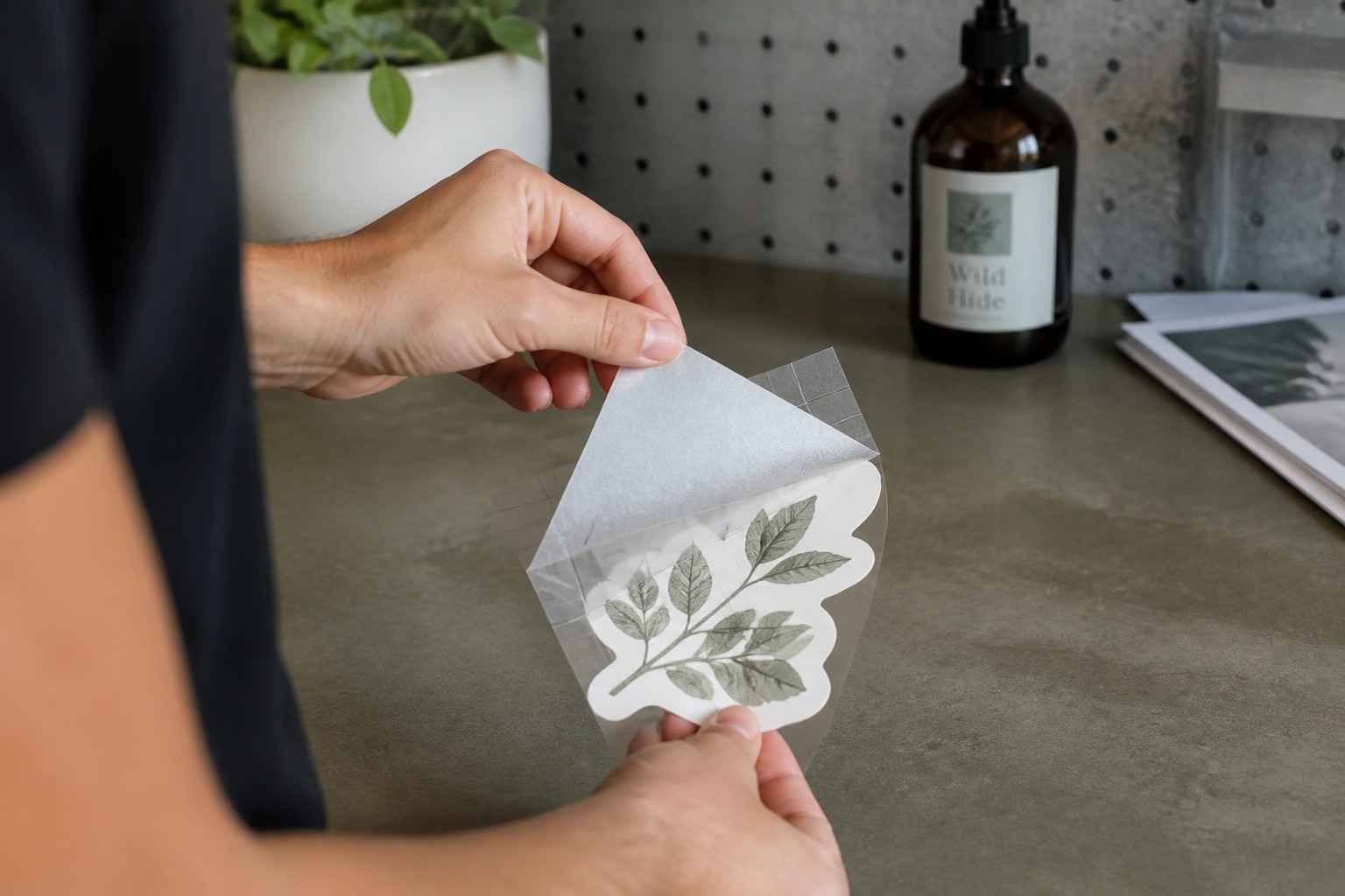 Backing paper peels away from a leaf branch decal on a stone benchtop, a potted plant and glass bottle nearby.