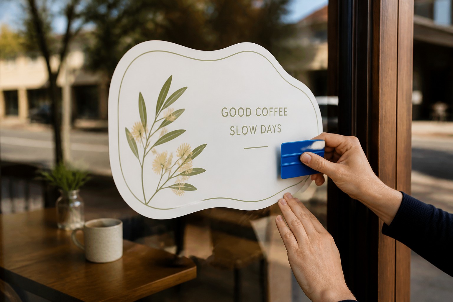A blue squeegee smooths a large botanical decal onto a café window, working from the centre toward the edge.