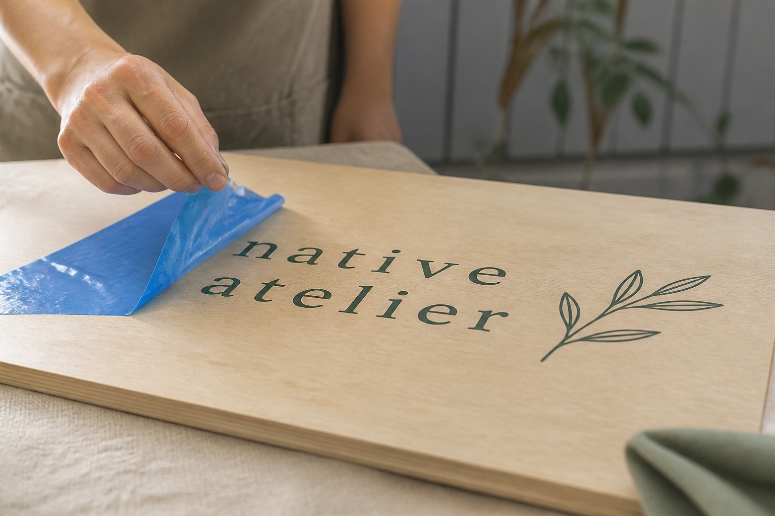 Blue transfer tape lifts away at a low angle, leaving vinyl lettering flat on a timber sign.