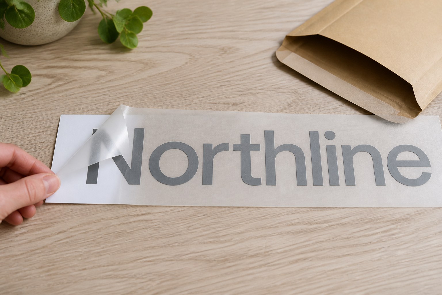 Cut vinyl lettering sheet flat on a pale oak workbench with one corner of transfer tape lifted to show backing paper, letters and top tape layer