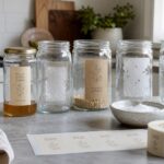 A row of jars and bottles shows every stage of label removal, from sticky residue to a bowl of cleaning paste and a scrub brush nearby.