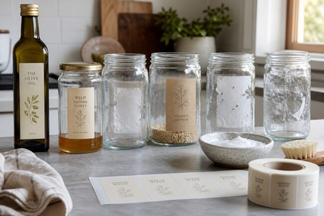 A row of jars and bottles shows every stage of label removal, from sticky residue to a bowl of cleaning paste and a scrub brush nearby.