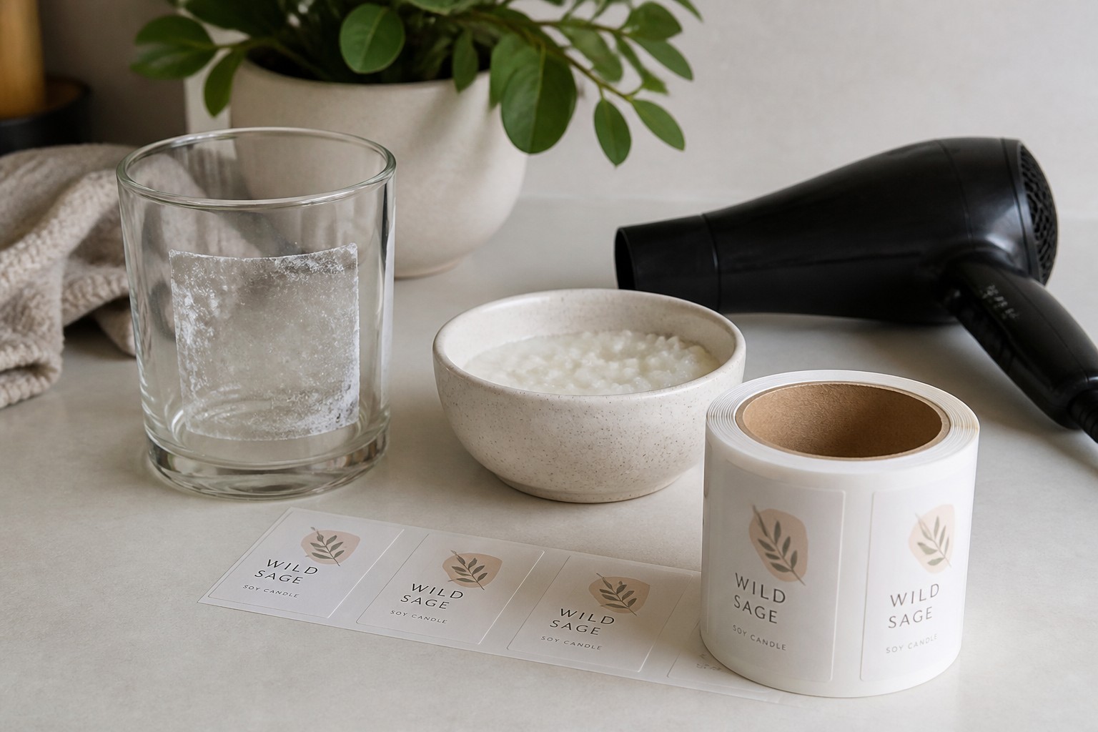 A candle jar carries a faint sticky square where its label sat, next to a bowl of paste and a hairdryer on the bench.