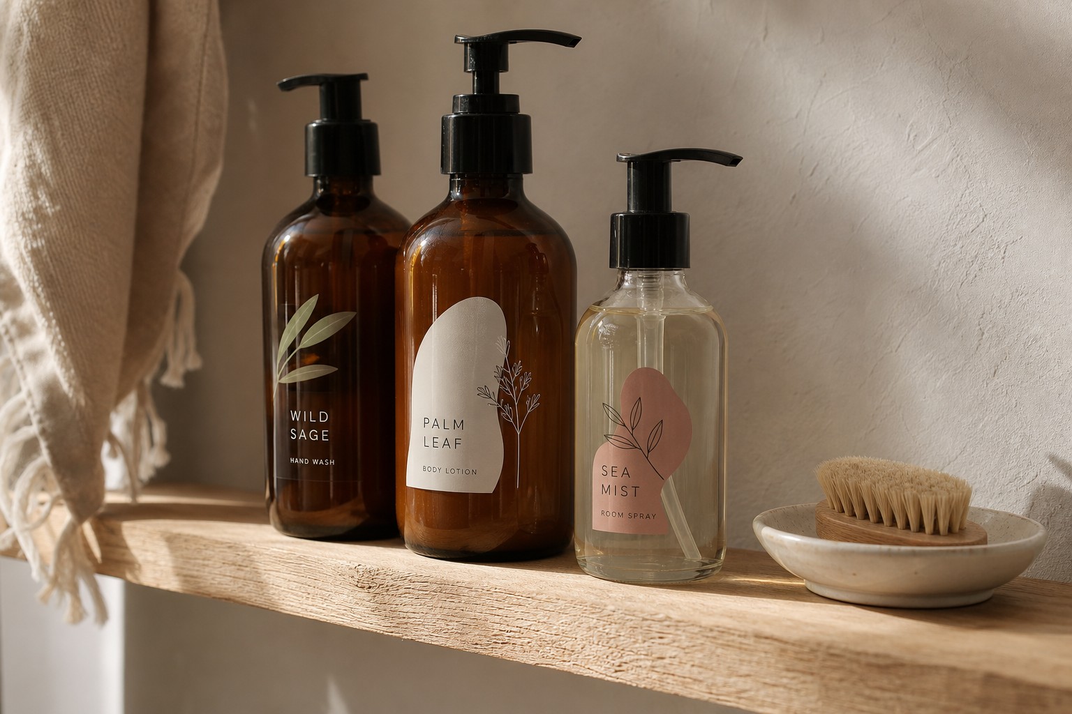 Amber and clear glass bottles carry minimal labels for hand wash, body lotion and room spray, lined up on a timber shelf.
