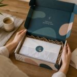Overhead view of an open teal printed mailer box with crinkle-paper fill, tissue-wrapped product with sticker seal, and a thank-you card positioned beside it on a timber bench.
