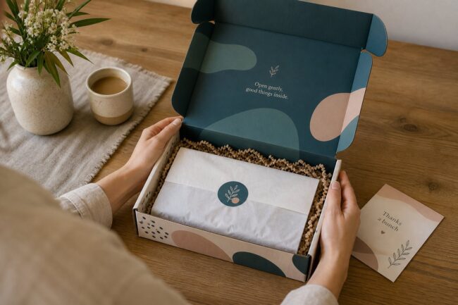 Overhead view of an open teal printed mailer box with crinkle-paper fill, tissue-wrapped product with sticker seal, and a thank-you card positioned beside it on a timber bench.
