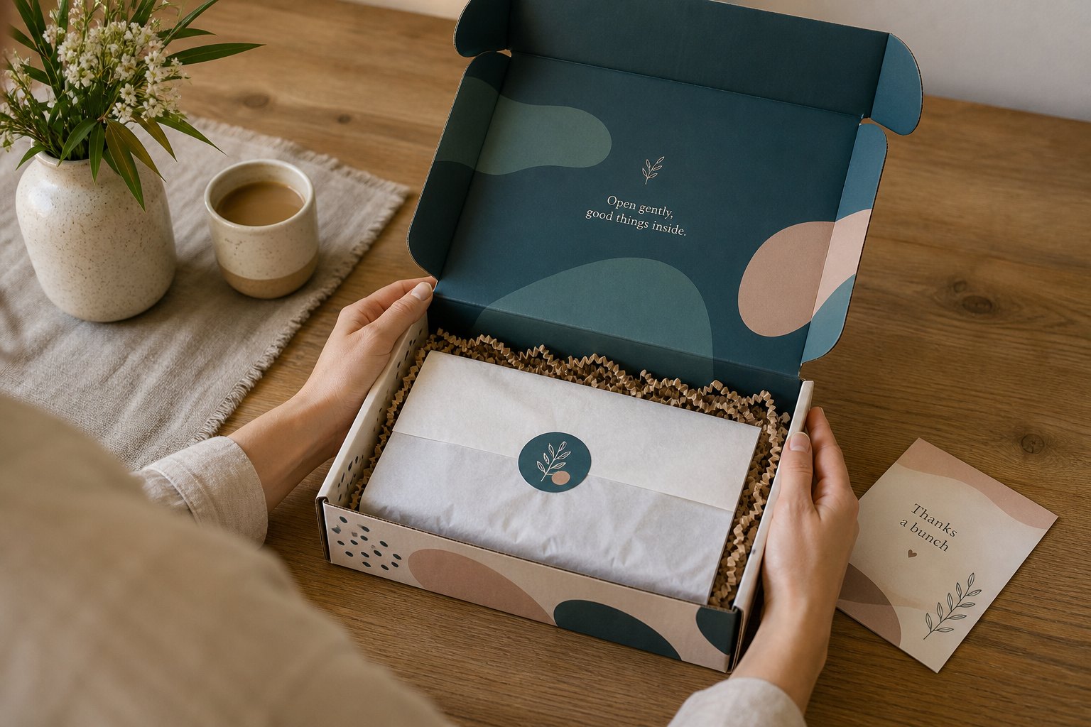 Overhead view of an open teal printed mailer box with crinkle-paper fill, tissue-wrapped product with sticker seal, and a thank-you card positioned beside it on a timber bench.