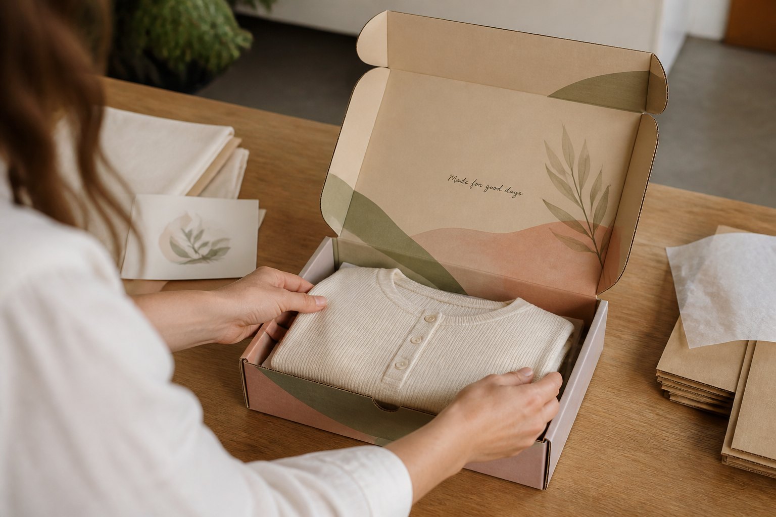 Close-up of hands placing a folded garment into an open kraft mailer box with visible clearance on all sides, on a timber packing bench with natural light.