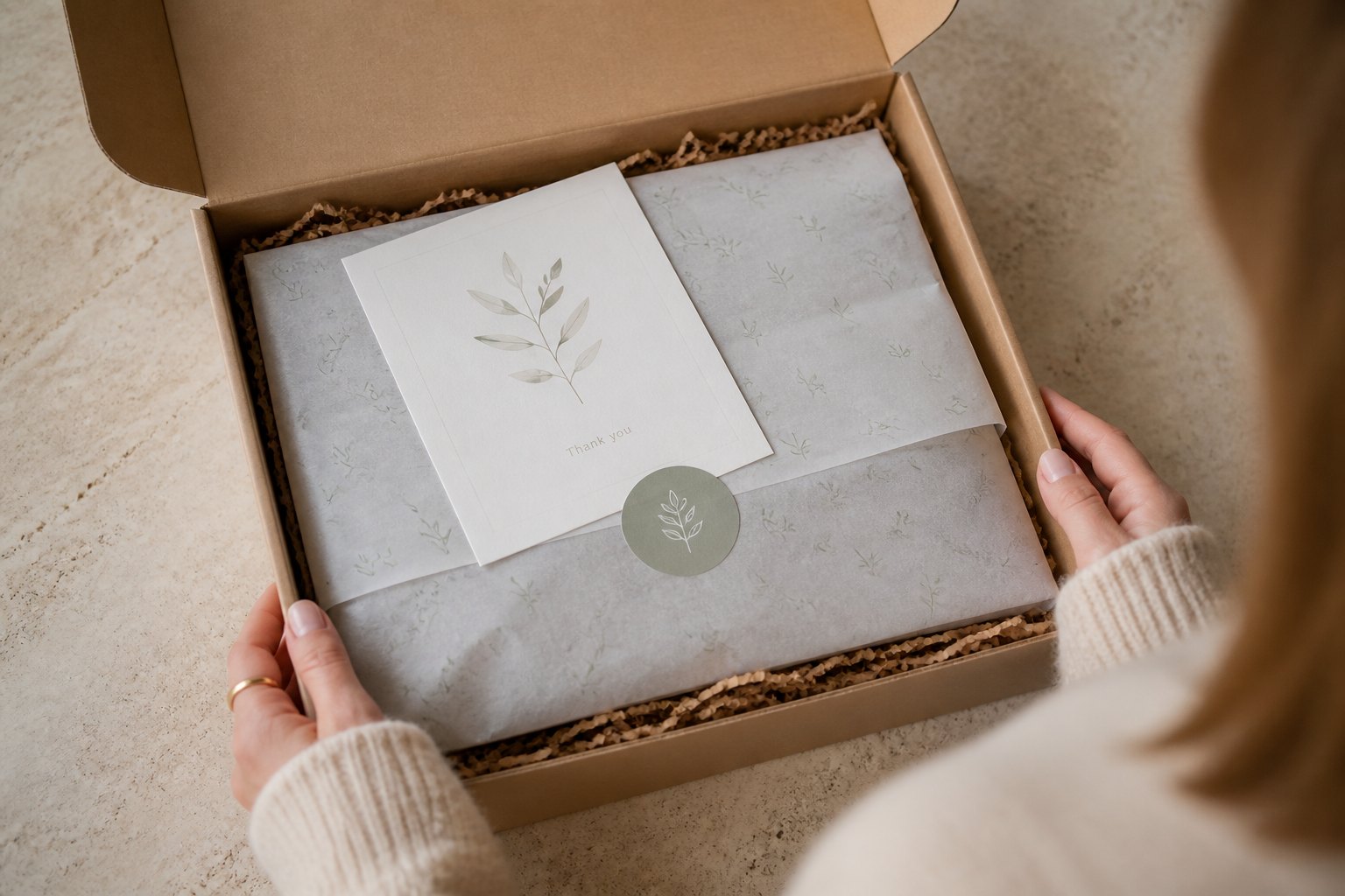 Directly overhead view of an open kraft mailer box showing tissue-wrapped product with green sticker seal, a printed thank-you card, and crinkle-paper fill around the edges.