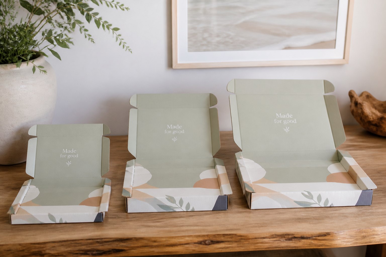 Three flat-packed kraft mailer boxes arranged side by side on a timber surface in small, medium, and large size progression, with printed branding visible on exterior panels.