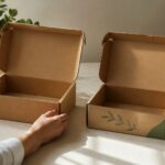 Two kraft mailer boxes with open flaps displaying corrugated interiors, one with minimal green botanical print, beside a potted plant on a light surface with natural daylight.