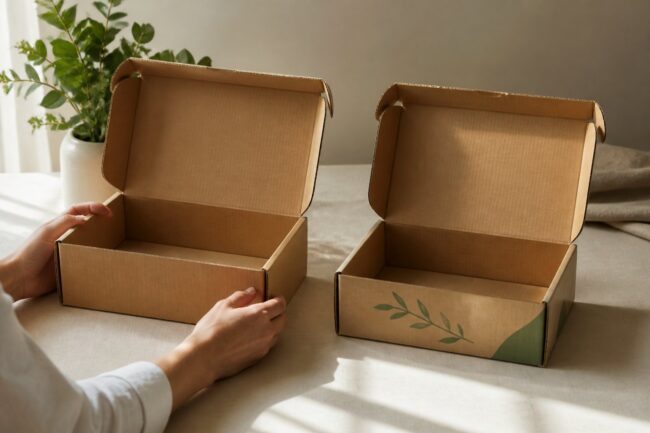 Two kraft mailer boxes with open flaps displaying corrugated interiors, one with minimal green botanical print, beside a potted plant on a light surface with natural daylight.