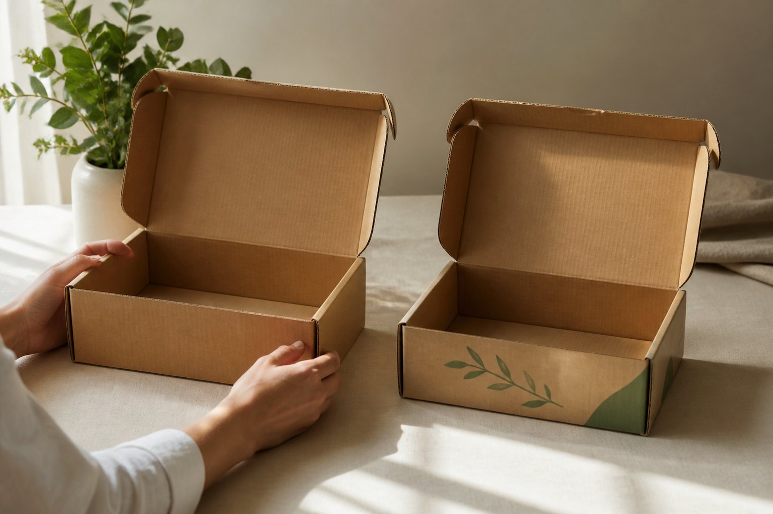 Two kraft mailer boxes with open flaps displaying corrugated interiors, one with minimal green botanical print, beside a potted plant on a light surface with natural daylight.