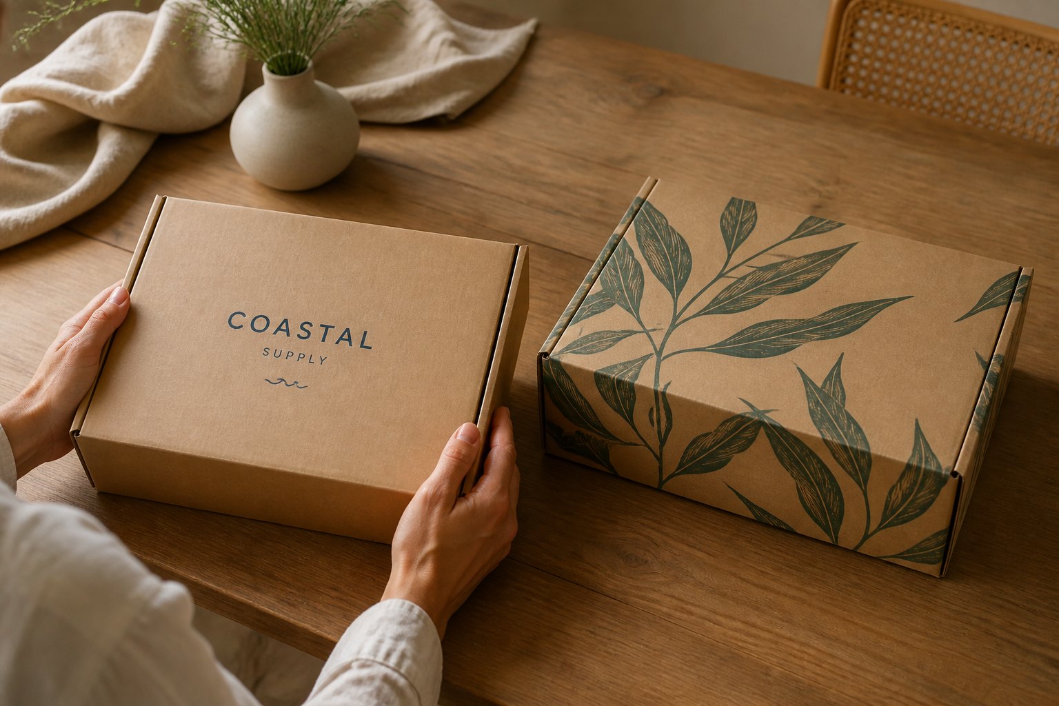 Two mailer boxes on timber surface: kraft box printed with 'COASTAL SUPPLY' wordmark in two colours, and full-colour box with photographic botanical pattern, under warm overhead light.
