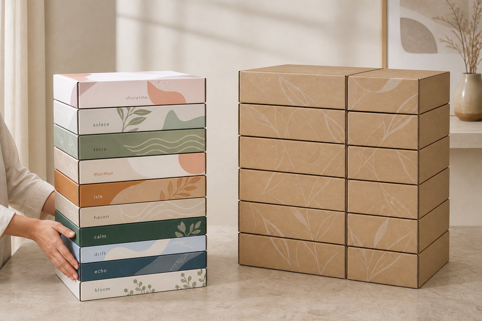 Two stacks on studio background: small neat stack of ten full-colour branded mailer boxes with visible names and varied designs on the left, taller rectangular stack of kraft boxes on the right.