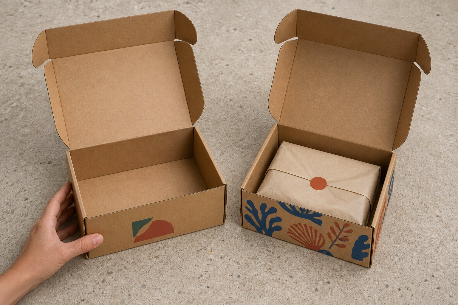 Two open mailer boxes overhead on speckled concrete: kraft box with minimal two-colour geometric logo panel, and kraft box with vivid full-colour botanical CMYK print, showing contrast in print methods.