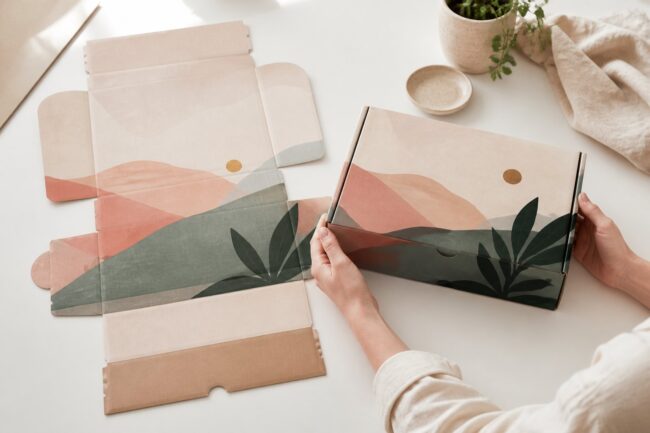 Flat unfolded kraft mailer box blank and fully assembled mailer box with geometric abstract artwork in peach, grey and green tones, both displayed on white work surface with hands holding the assembled box, soft daylight.