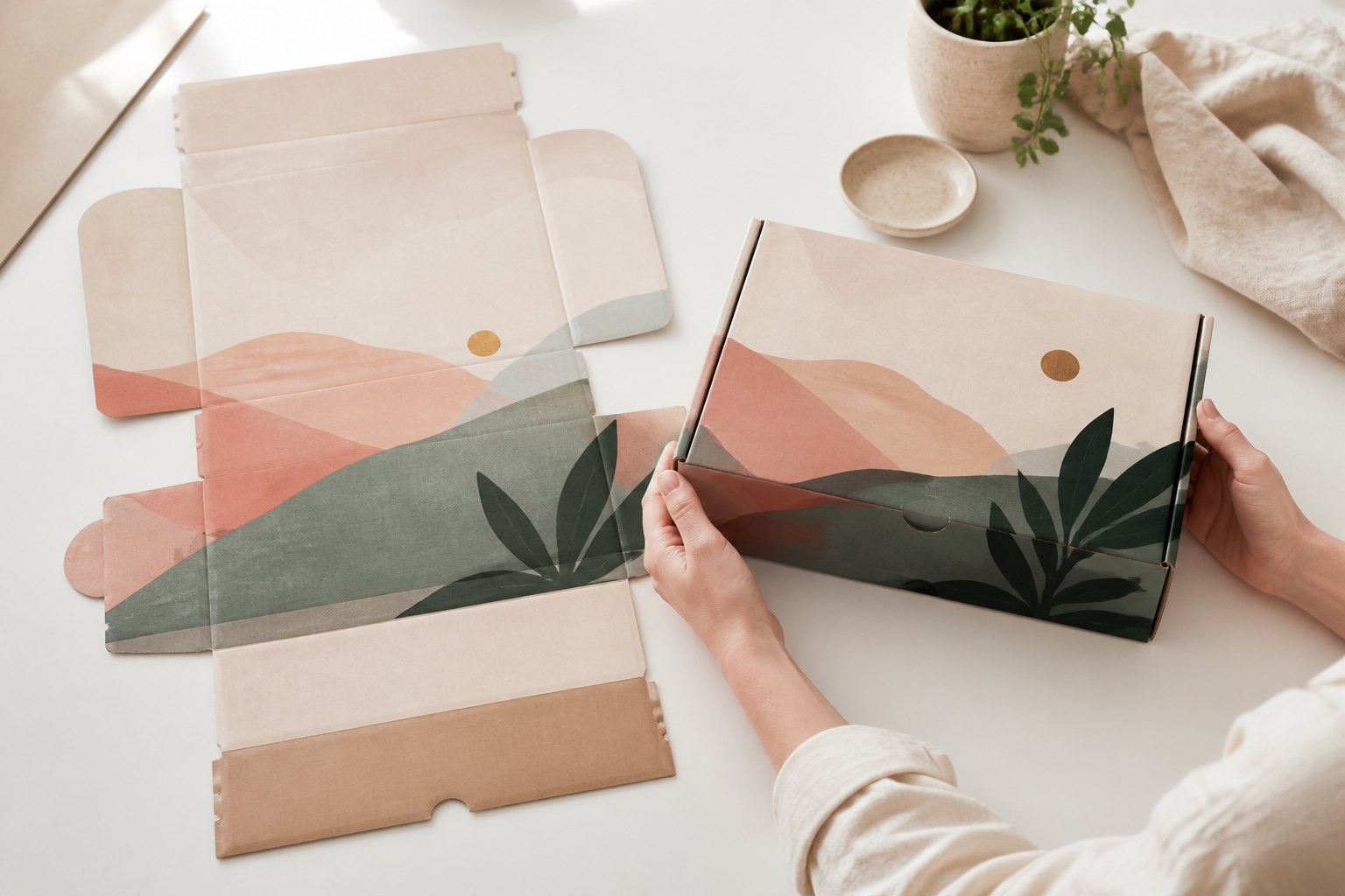 Flat unfolded kraft mailer box blank and fully assembled mailer box with geometric abstract artwork in peach, grey and green tones, both displayed on white work surface with hands holding the assembled box, soft daylight.