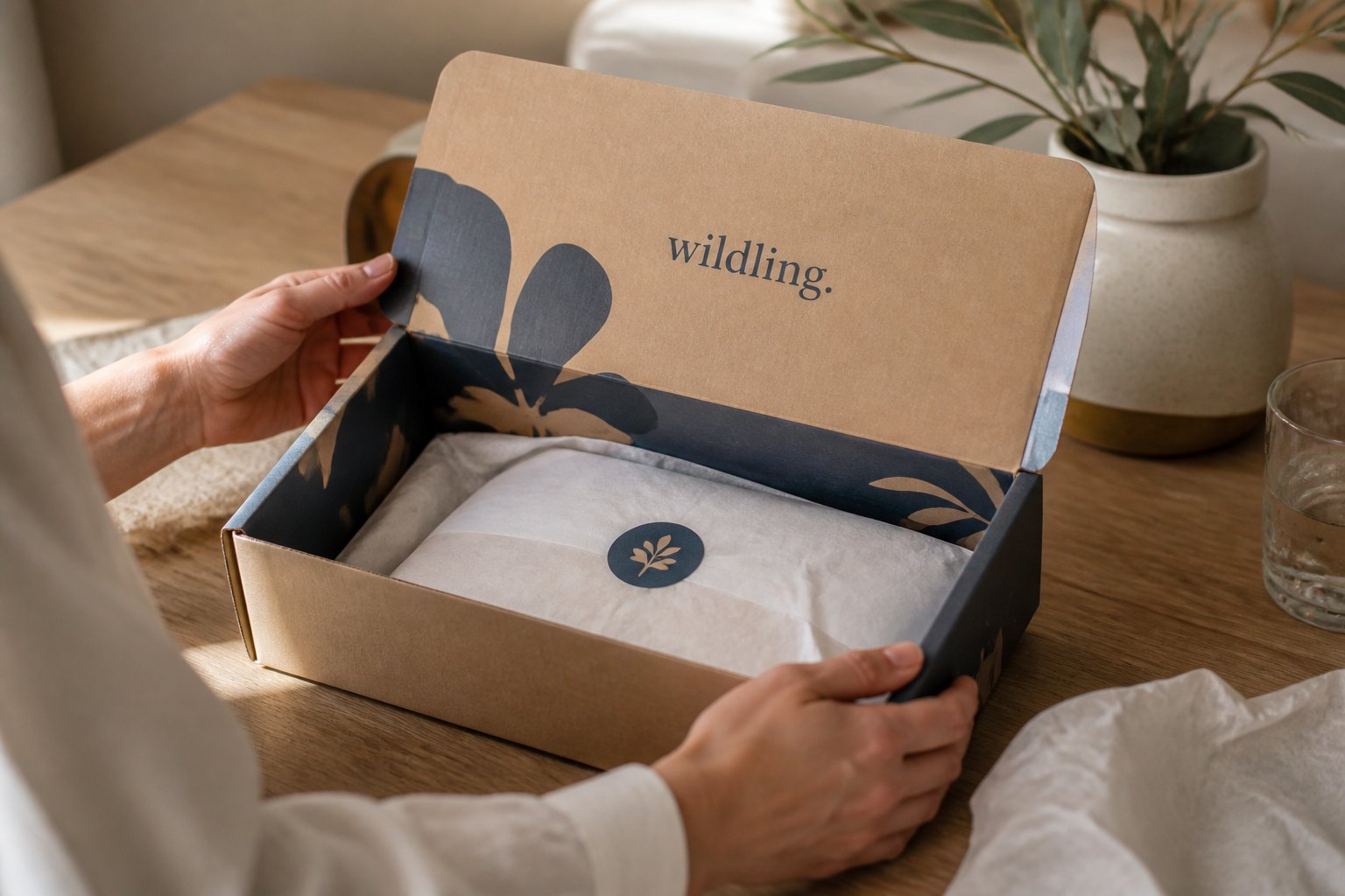 Finished kraft mailer box with navy interior and navy two-color logo design reading 'wildling' against warm natural brown corrugated board, held open to show ink against board tone, landscape orientation with plants in background.