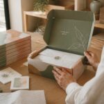 Sage green mailer box held open revealing white tissue paper, with stack of flat-packed boxes visible on the left of a wooden packing table in natural daylight.
